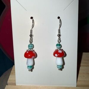 Red and White Art Glass Mushroom Earrings